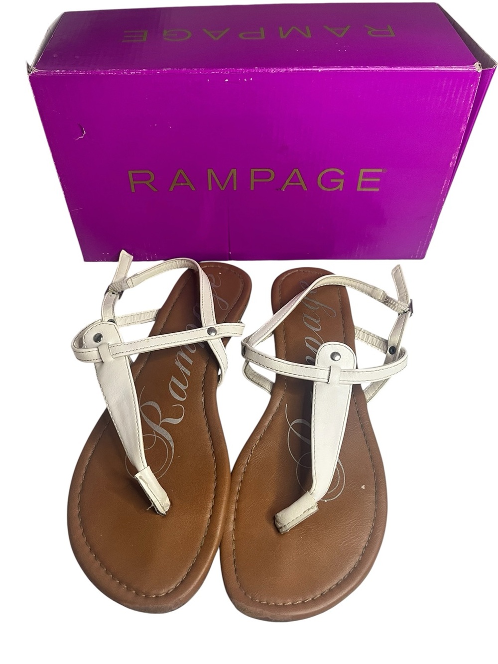 Rampage White T-Strap Sandals with Brown Footbed for Women's size 10 Excellent